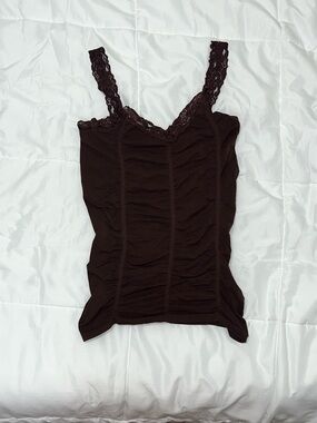 Vintage Colori Brown Lace Trim Ruched Cami Top Fits From Size Small To Large
